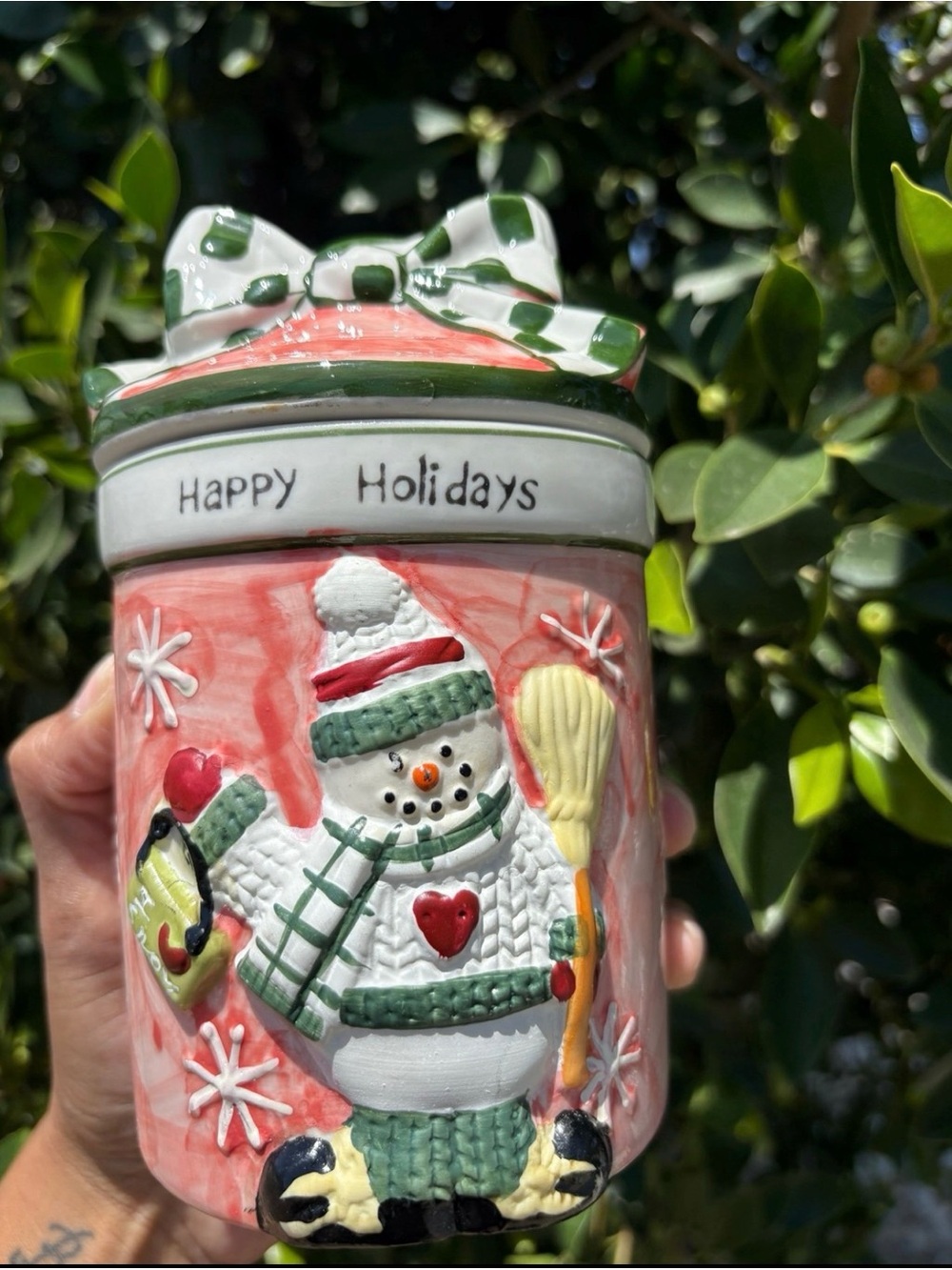Home Essentials Pink & Green Snowman Holiday Canister